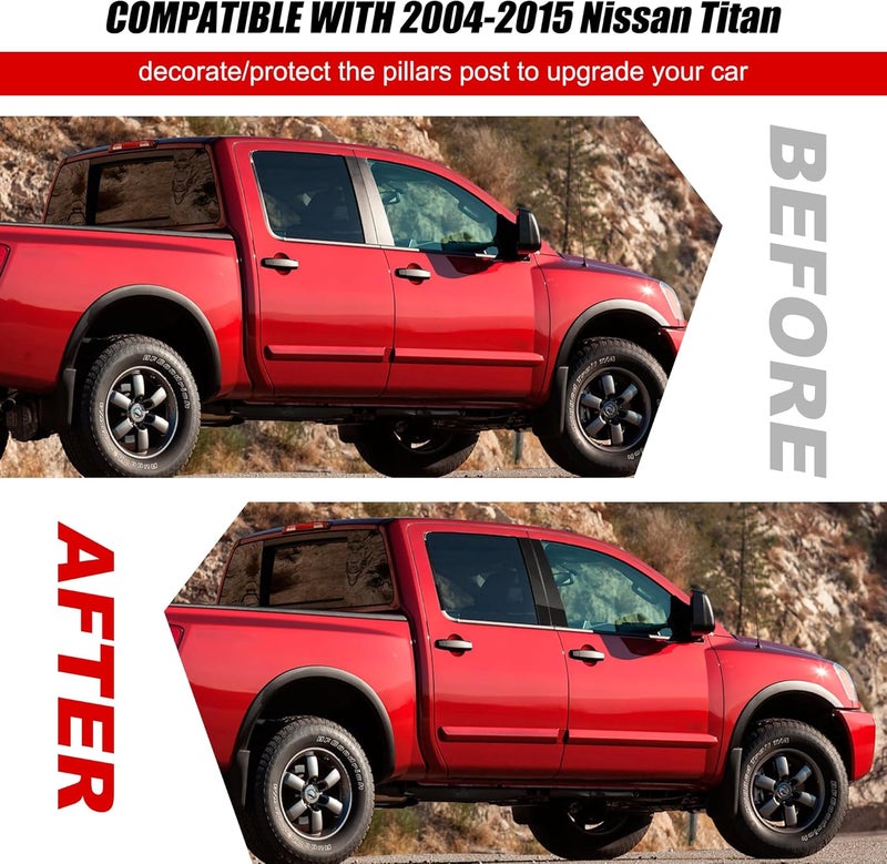 BASIKER Fit for 2004 to 2015 Nissan Titan Pillar Post Trim Kit, Door Window B Pillar Glossy Black Cover, Strong Toughness PC Material, Door Pillar Moldings Stickers Set - Image 3